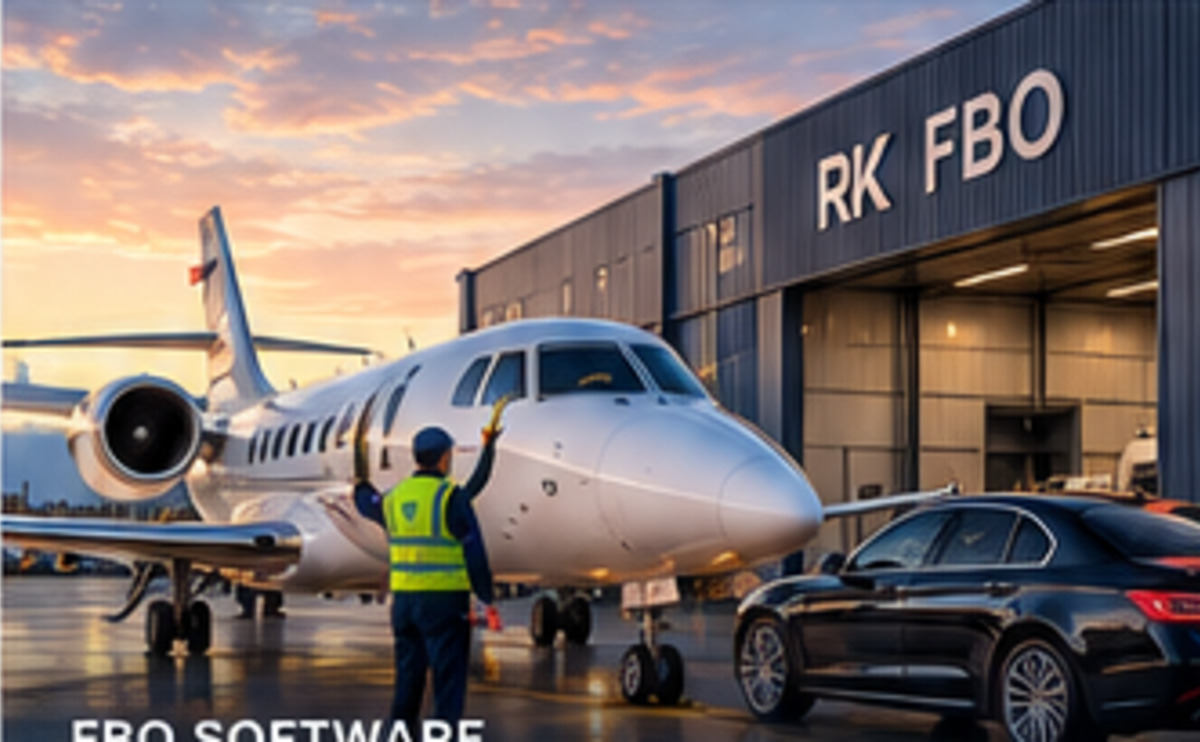 Business jet at an FBO terminal with ground handling operations